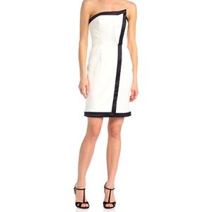 Vince Camuto Strapless Pleated Satin Tuxedo Dress